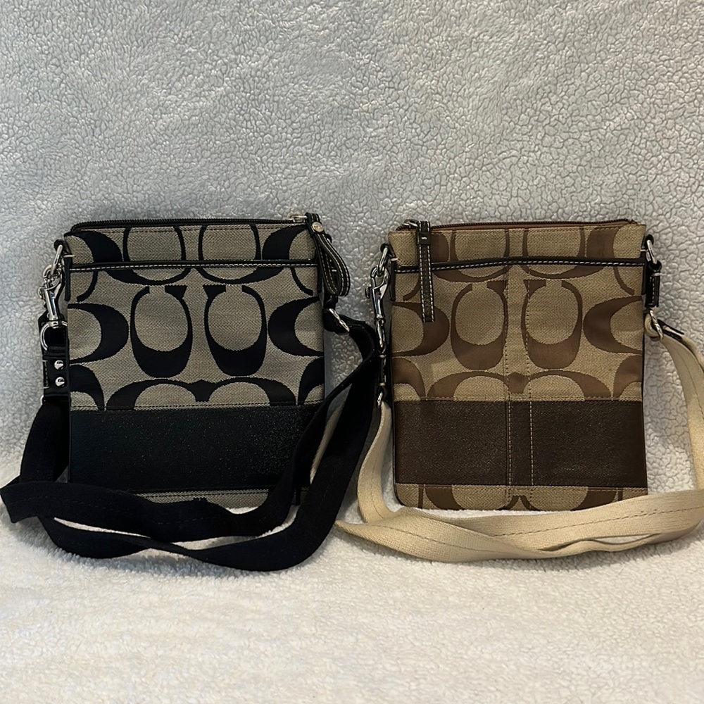 TWO🎉 Coach Crossbody Bags. Black & Brown Canvas classics C’s with fabric strap.